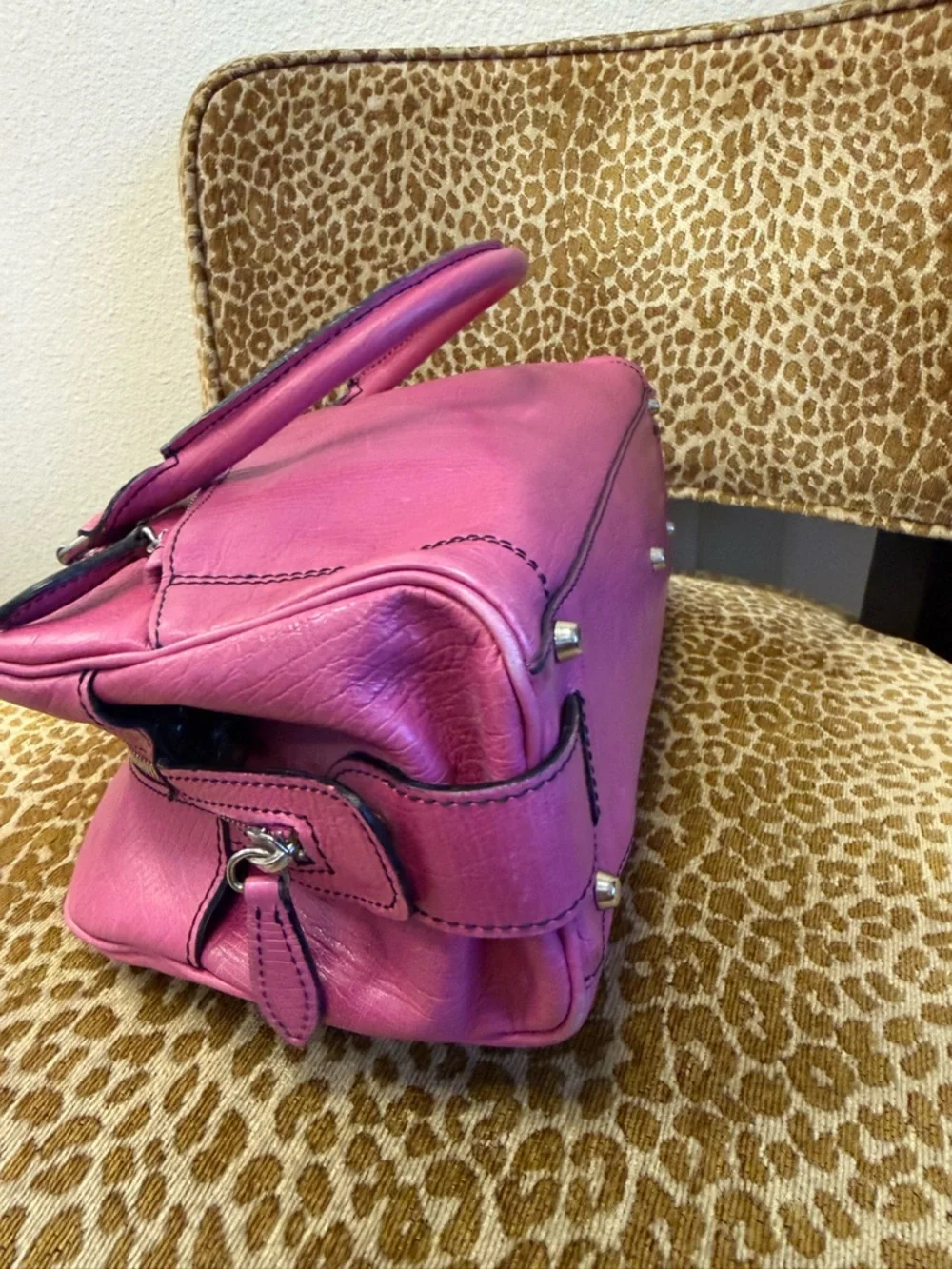 💯 Authentic FRANCESCO BIASIA Pink Leather Bowler Satchel Bag w Silver Hardware